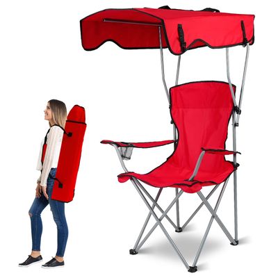 Moclever Folding Canopy Camp Chair Heavy Duty Beach Chair with Sun Protection, Cup Holder & Padded Armrests for Outdoor Camping, Lawn, Park, Patio (Red)