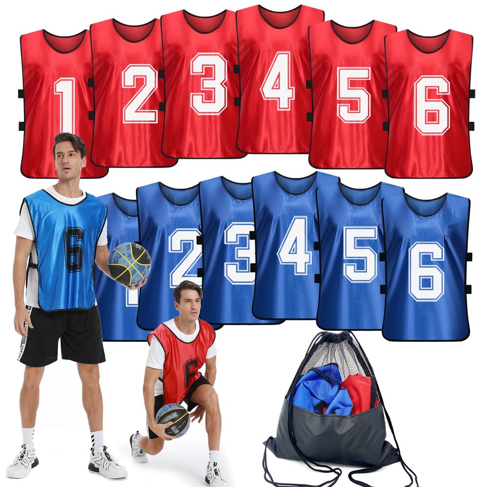 PULUOMASI Sports Pinnies-Numbered Practice Vest Pennies for Soccer Basketball Jersey Bibs -Set of 12/Youth Adults Team BlueRed2 L