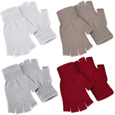 SATINIOR 4 Pairs Winter Half Finger Gloves Knitted Fingerless Mittens Warm Stretchy Gloves for Men and Women (Light Grey, Light Khaki, Red, White)