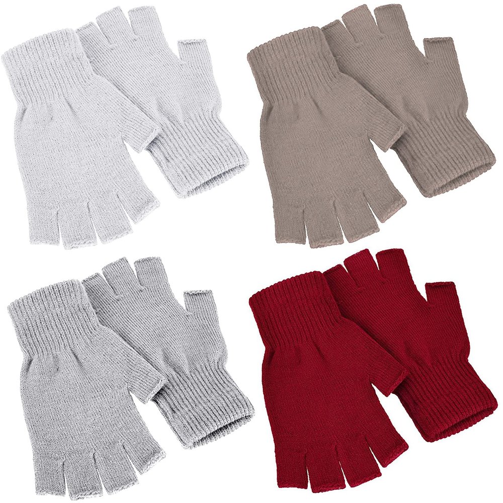 SATINIOR 4 Pairs Winter Half Finger Gloves Knitted Fingerless Mittens Warm Stretchy Gloves for Men and Women (Light Grey, Light Khaki, Red, White)