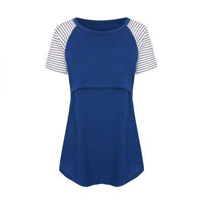 Cotton Maternity Nursing Tops Short Sleeve Breastfeeding Clothes Shirt Stripe Round Neck Blouse with Pocket Blue, XX-Large