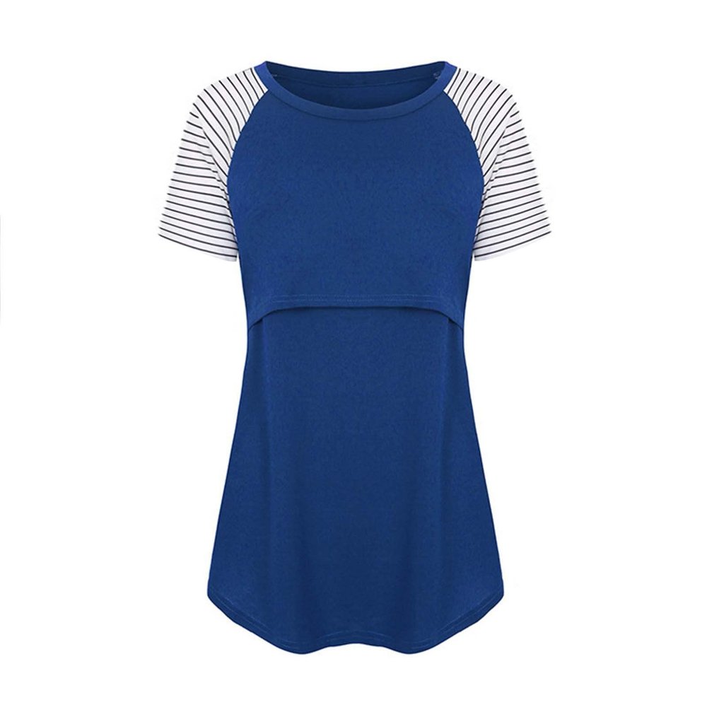 Cotton Maternity Nursing Tops Short Sleeve Breastfeeding Clothes Shirt Stripe Round Neck Blouse with Pocket Blue