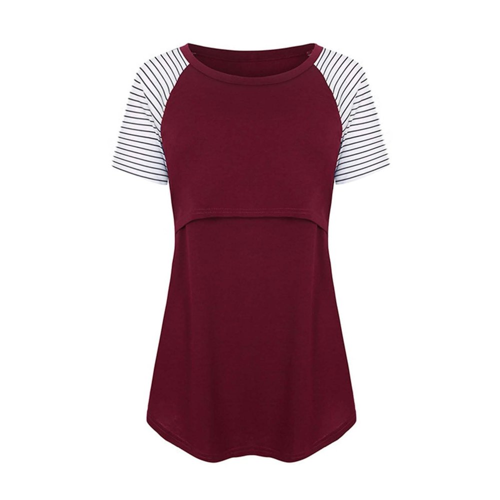 Cotton Maternity Nursing Tops Short Sleeve Breastfeeding Clothes Shirt Stripe Round Neck Blouse with Pocket, Red, XX-Large