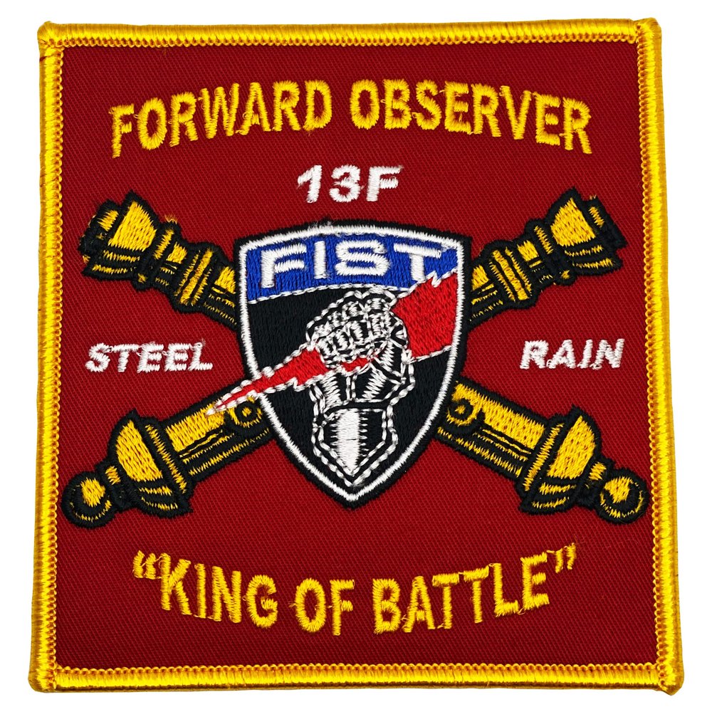 Bayonet Design - FIST - Forward Observer Embroidered Patch - Large Red Background - 4 1/4" X 4" King of Battle - Wax Backing with merrowed Edge - FO - Artillery Spotter