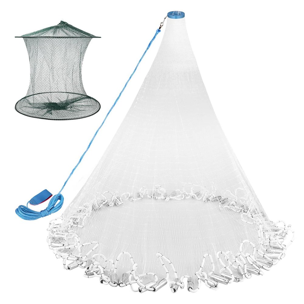 Neween Cast Net for Fishing with Shrimp Cage, American Freshwater Saltwater 4/5/6/7/8Ft Radius Casting Bait Trap Fish, Heavy Duty Zinc Sinker, 3/8 Inch Mesh Size