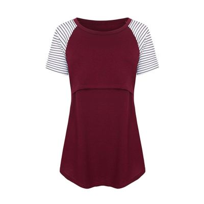 Cotton Maternity Nursing Tops Short Sleeve Breastfeeding Clothes Shirt Stripe Round Neck Blouse with Pocket, Red