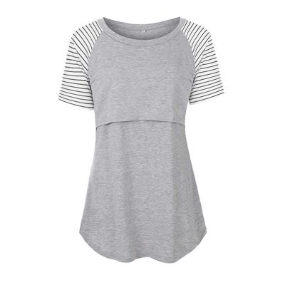Cotton Maternity Nursing Tops Short Sleeve Breastfeeding Clothes Shirt Stripe Round Neck Blouse with Pocket Gray XX-Large
