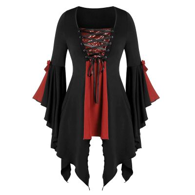 Women Gothic Sequin Tops Butterfly Sleeve Steampunk Victorian Renaissance Blouse Flowy Lace Up Corset Shirt Red