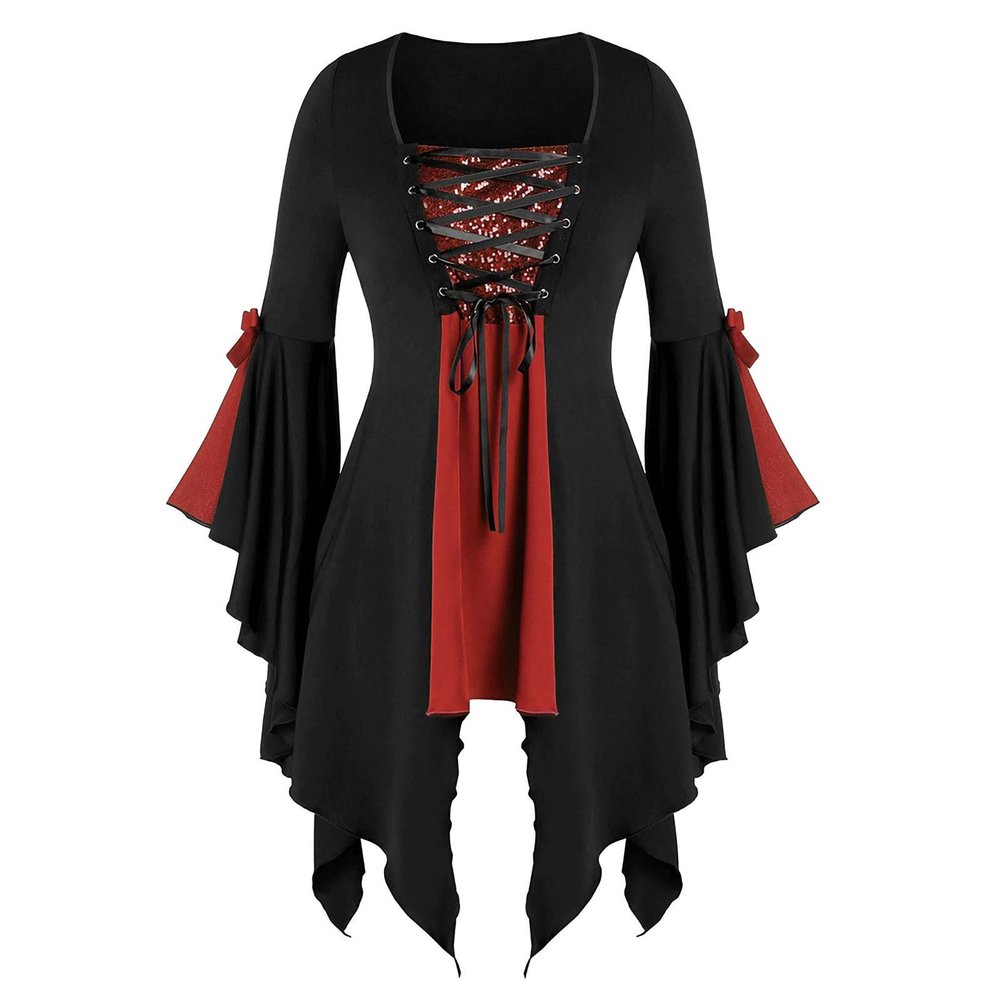 Women Gothic Sequin Tops Butterfly Sleeve Steampunk Victorian Renaissance Blouse Flowy Lace Up Corset Shirt Red