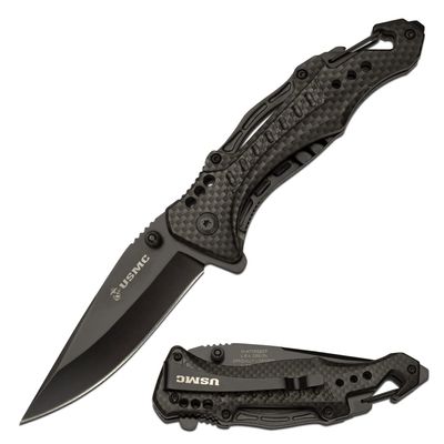 MTECH USA Pocket Folding Knife, Licensed by USMC, Black Aluminum Handle w/Carbon Fiber Pattern, Bottle Opener, Carabiner, Screwdriver and Pocket Clip - M-A705G2CF
