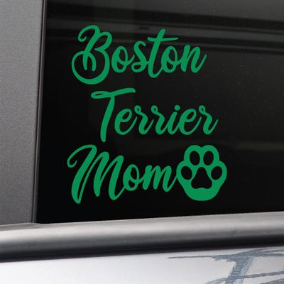Boston Terrier Mom Vinyl Decal Laptop Car Truck Bumper Window Sticker, 5.5" x 5", Green