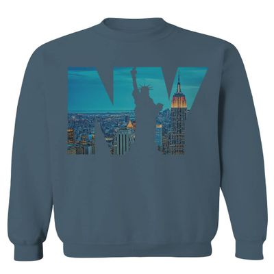 0499. Cool Graphic NY Manhattan New York City Liberty Statue NYC Skyline Streetwear Men's Crewneck Sweatshirt (Indigo Blue Medium)