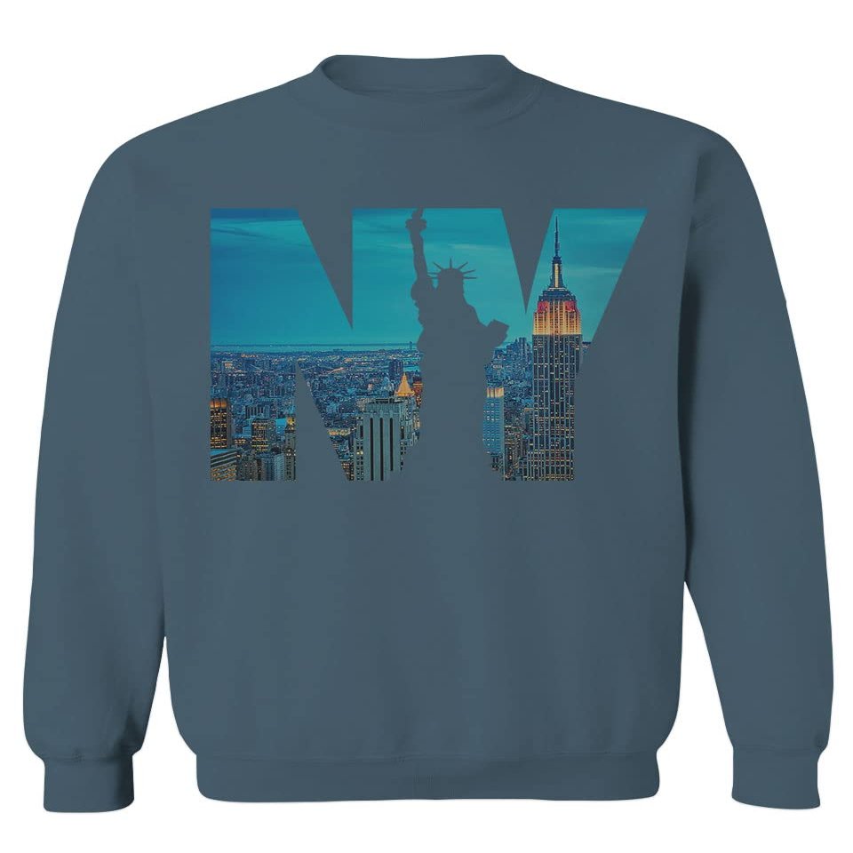 0499. Cool Graphic NY Manhattan New York City Liberty Statue NYC Skyline Streetwear Men's Crewneck Sweatshirt (Indigo Blue Medium)