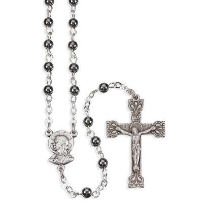 4mm Hematite Stone Bead Rosary in a Grey Velvet Box