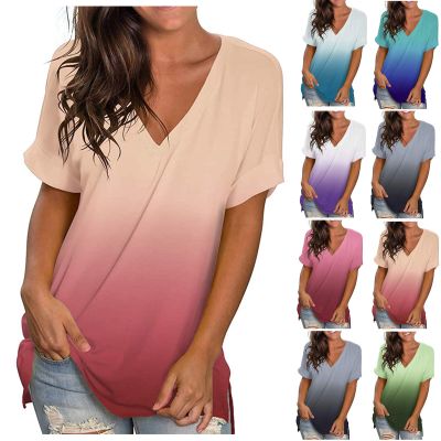 Womens Tops Casual Gradient T-Shirt Comfy Loose Tees V-Neck Tunic Top Short Sleeve Shirts Stripe Pullover Blouse