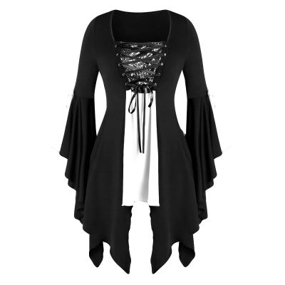 Women Gothic Sequin Tops Butterfly Sleeve Steampunk Victorian Renaissance Blouse Flowy Lace Up Corset Shirt White