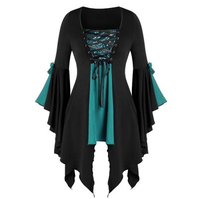 Women Gothic Sequin Tops Butterfly Sleeve Steampunk Victorian Renaissance Blouse Flowy Lace Up Corset Shirt Green