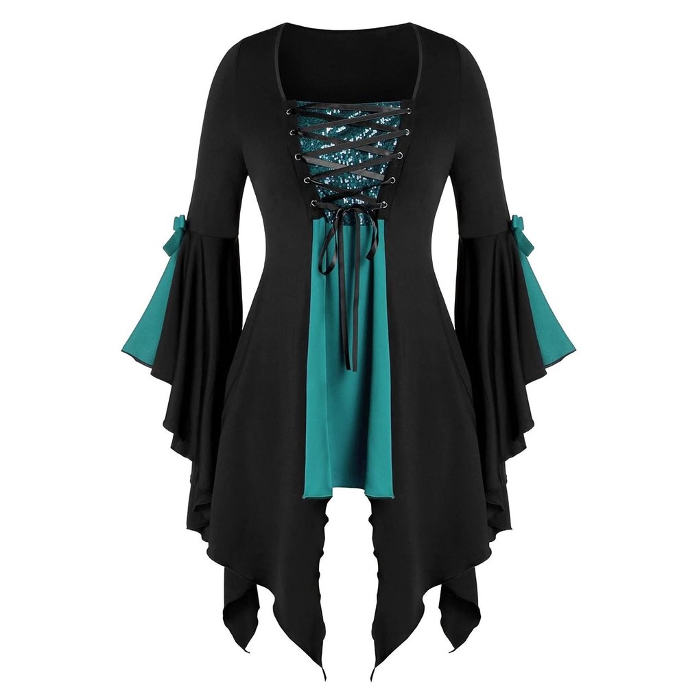 Women Gothic Sequin Tops Butterfly Sleeve Steampunk Victorian Renaissance Blouse Flowy Lace Up Corset Shirt Green