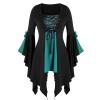 Women Gothic Sequin Tops Butterfly Sleeve Steampunk Victorian Renaissance Blouse Flowy Lace Up Corset Shirt Green view 1