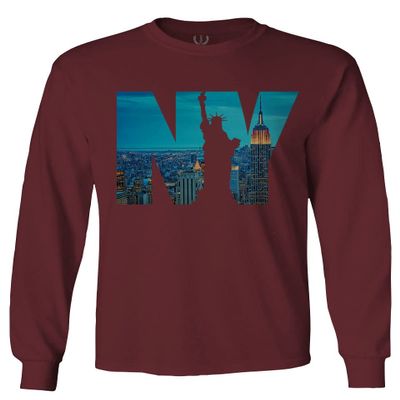 0499. Cool Graphic NY Manhattan New York City Liberty Statue NYC Skyline Streetwear Men's Long Sleeve t Shirt (Maroon Large)