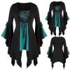 Women Gothic Sequin Tops Butterfly Sleeve Steampunk Victorian Renaissance Blouse Flowy Lace Up Corset Shirt Green view 2