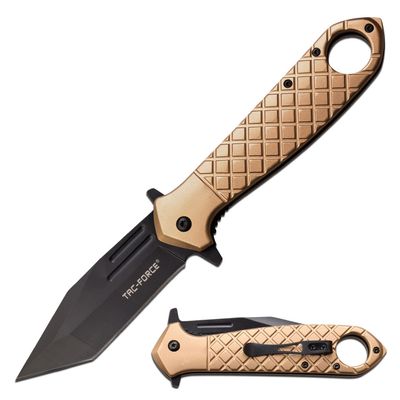 Tac-Force Folding Knife  Black Oxidized Stainless Steel Tanto Blade, Tan Textured Aluminum Handle w/Pocket Clip, Liner Lock, Tactical, EDC, Rescue - TF-1042TN
