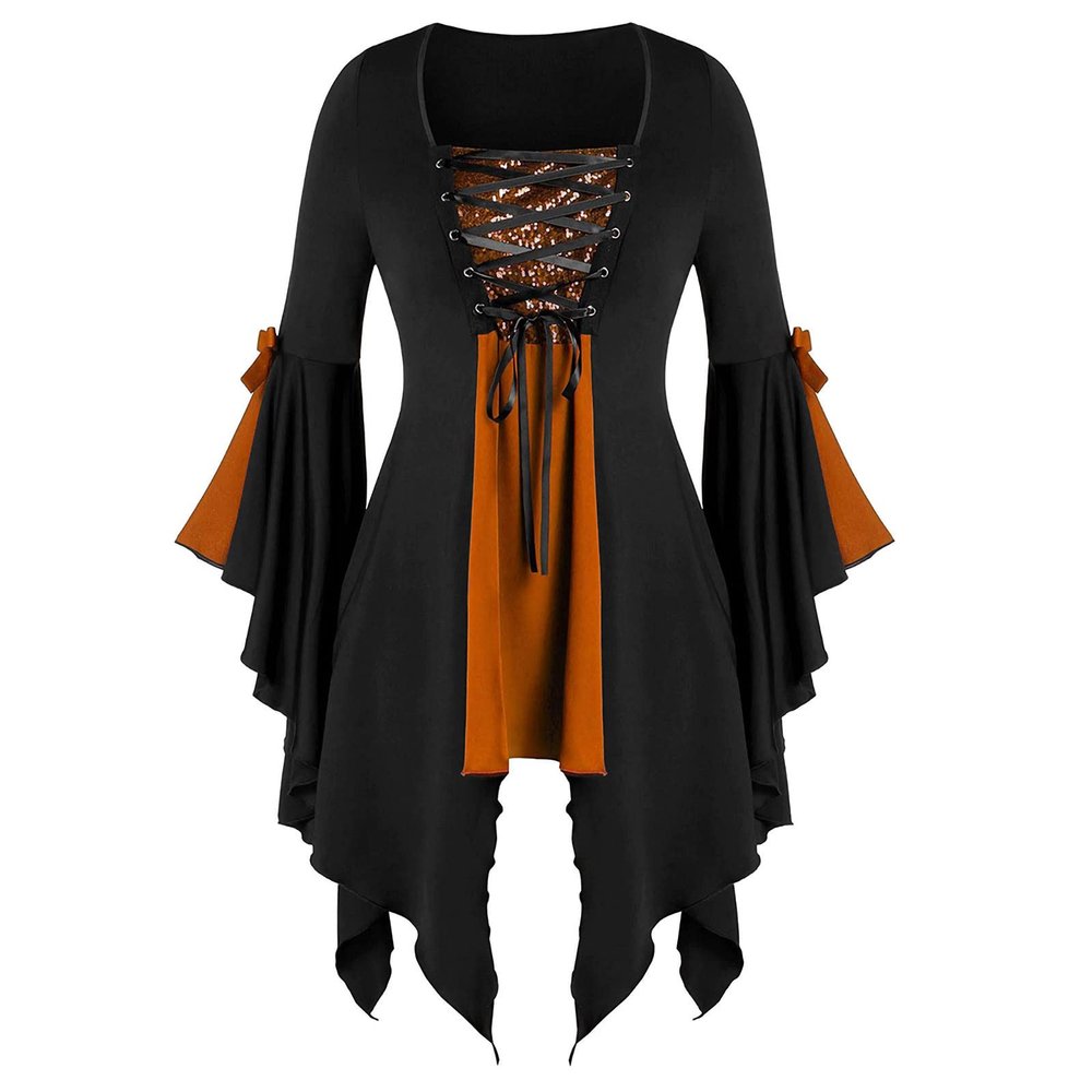 Women Gothic Sequin Tops Butterfly Sleeve Steampunk Victorian Renaissance Blouse Flowy Lace Up Corset Shirt Yellow