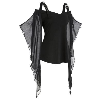 Women Gothic Sequin Tops Butterfly Sleeve Steampunk Victorian Renaissance Blouse Flowy Lace Up Corset Shirt Black