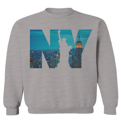 0499. Cool Graphic NY Manhattan New York City Liberty Statue NYC Skyline Streetwear Men's Crewneck Sweatshirt (Light Gray Small)