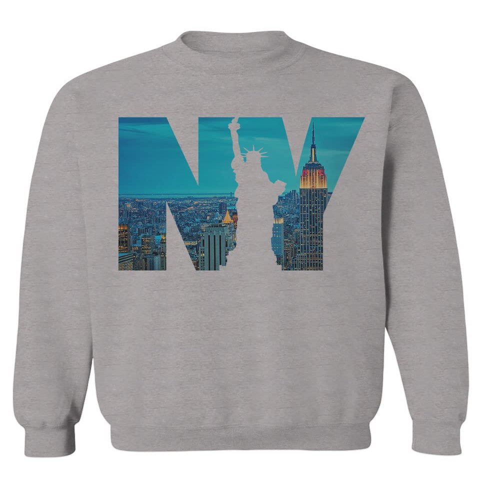 0499. Cool Graphic NY Manhattan New York City Liberty Statue NYC Skyline Streetwear Men's Crewneck Sweatshirt (Light Gray Small)
