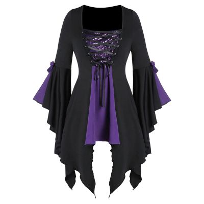 Women Gothic Sequin Tops Butterfly Sleeve Steampunk Victorian Renaissance Blouse Flowy Lace Up Corset Shirt Purple