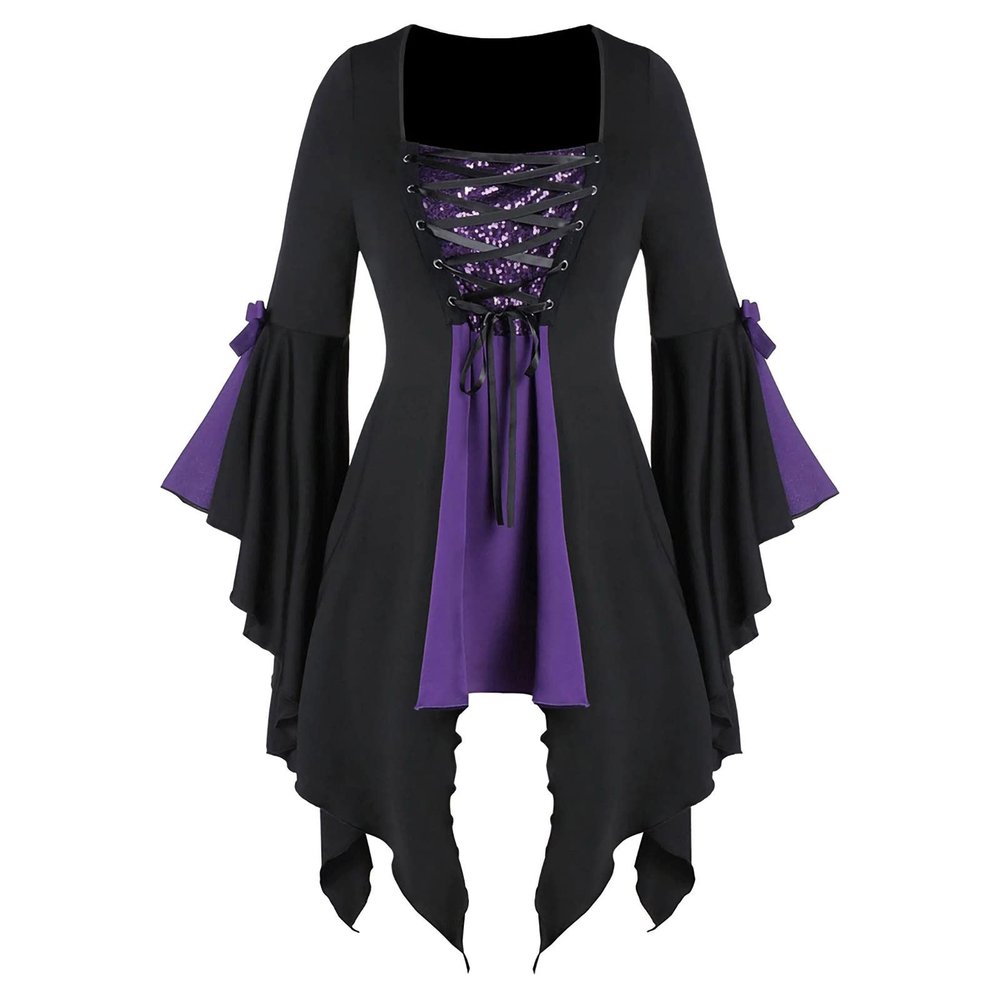 Women Gothic Sequin Tops Butterfly Sleeve Steampunk Victorian Renaissance Blouse Flowy Lace Up Corset Shirt Purple