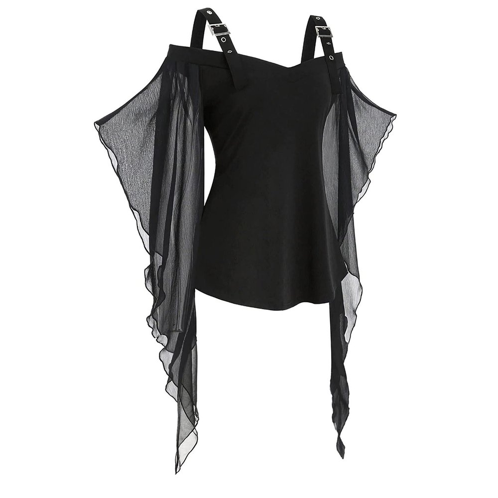 Women Gothic Sequin Tops Butterfly Sleeve Steampunk Victorian Renaissance Blouse Flowy Lace Up Corset Shirt Black