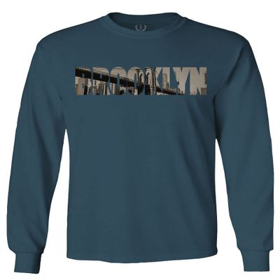 0501. Vintage Brooklyn Bridge New York City NYC Streetwear Men's Long Sleeve t Shirt (Indigo Blue Small)