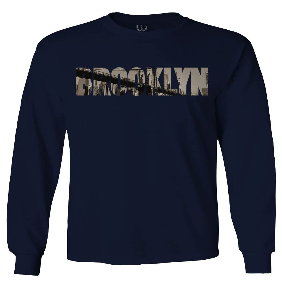 0501. Vintage Brooklyn Bridge New York City NYC Streetwear Men's Long Sleeve t Shirt (Navy Blue, Large)