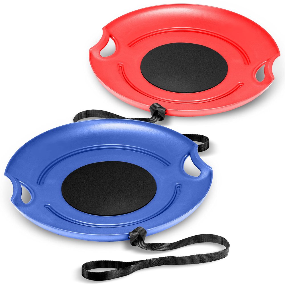 GoSports 29 Inch Heavy-Duty Winter Snow Saucer with Padded Seat and Hand Pull Strap - 2 Pack, Red and Blue