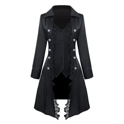 XUNRYAN Women Winter Steampunk Trench Coats Medieval Renaissance Victorian Vampire Gothic Long Jacket Halloween Costume Black