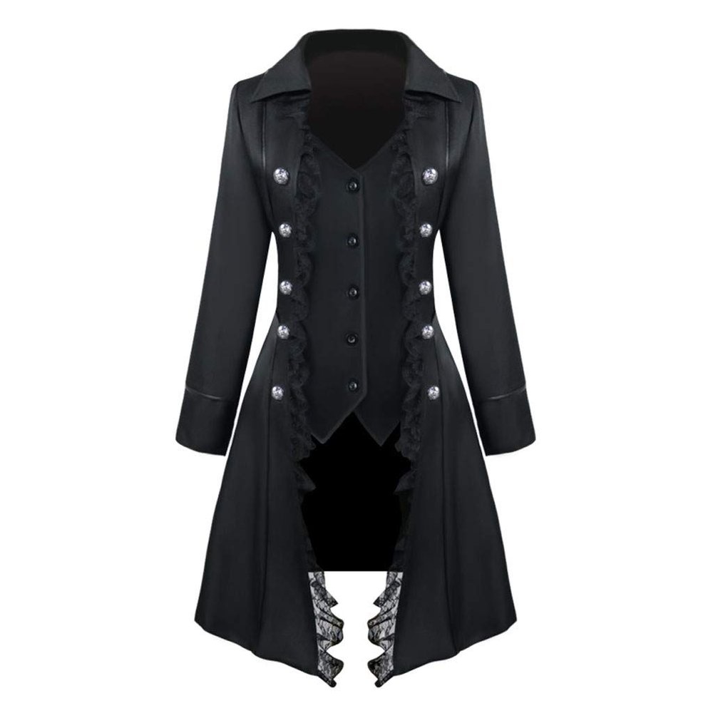 XUNRYAN Women Winter Steampunk Trench Coats Medieval Renaissance Victorian Vampire Gothic Long Jacket Halloween Costume Black
