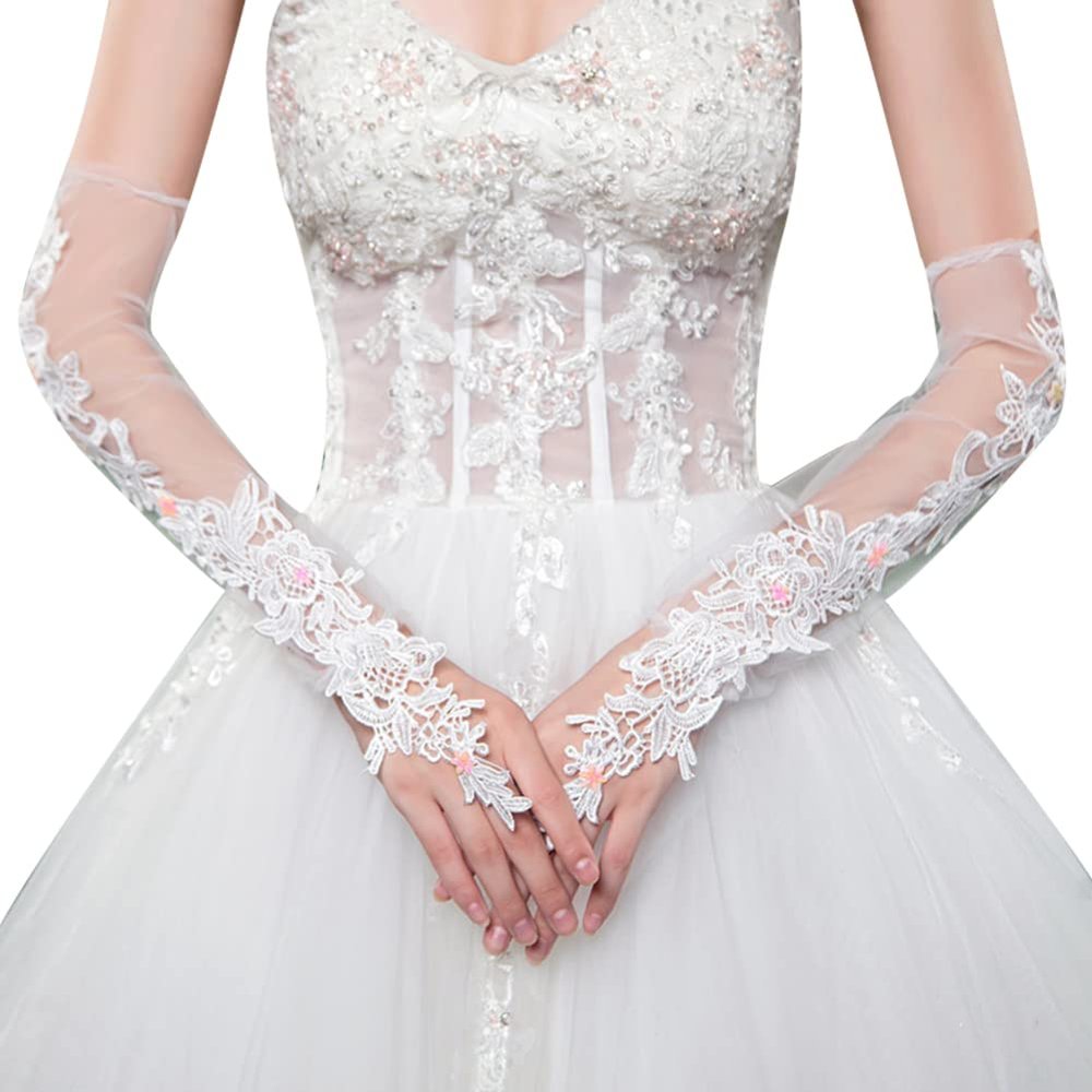 ihreesy Ladies Fingerless Gloves,Elbow Length Long Gloves Bridal Lace Gloves Floral Lace Gloves Lace Fingerless Gloves for Driving Wedding Opera Party,White, One Size