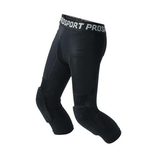 Kids Athletic Basketball Knee Hex Pads Pants Capri Compression Protector Tights (S) Black