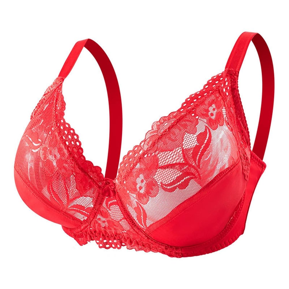 Telusu Big Size Ladies Sexy Lace Bras Underwire Full Cup Bra 6 Colors Women's Soft Thin Lace Bralette Underwear (Color : Red, Size : 90/40E)