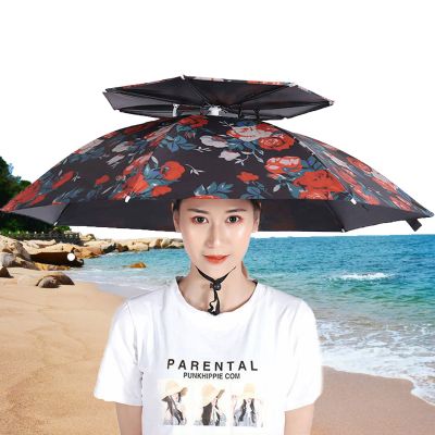DZKJ 2 Pack Umbrella Cap for Head, Outdoor Sun Rain Protection Fishing Umbrella Hat, Portable Hands Free Head-Mounted Headwear for Beach Golf Camping Gardening(Size:77cm,Color:Flower1)