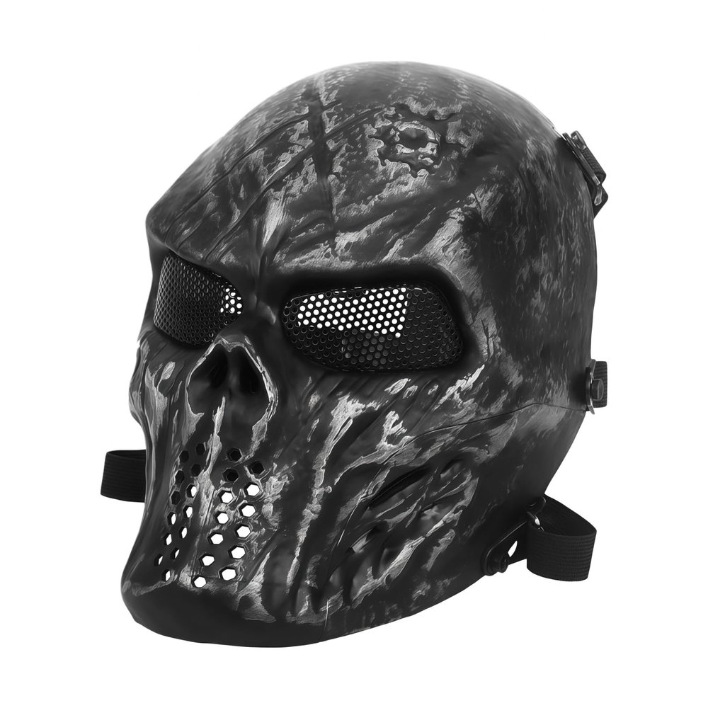 Ghost Mask,Mask Skeleton with Metal Mesh Eye Protection Rave Entire Latex Helmet, Halloween Masquerade (Silver Gray)