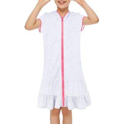 Little Girls Swim Cover Up Kids Swimsuit Coverup Zip Beach Bathing Suit Hooded Bathrobe Pocket Swing (White, 3-4 Years)