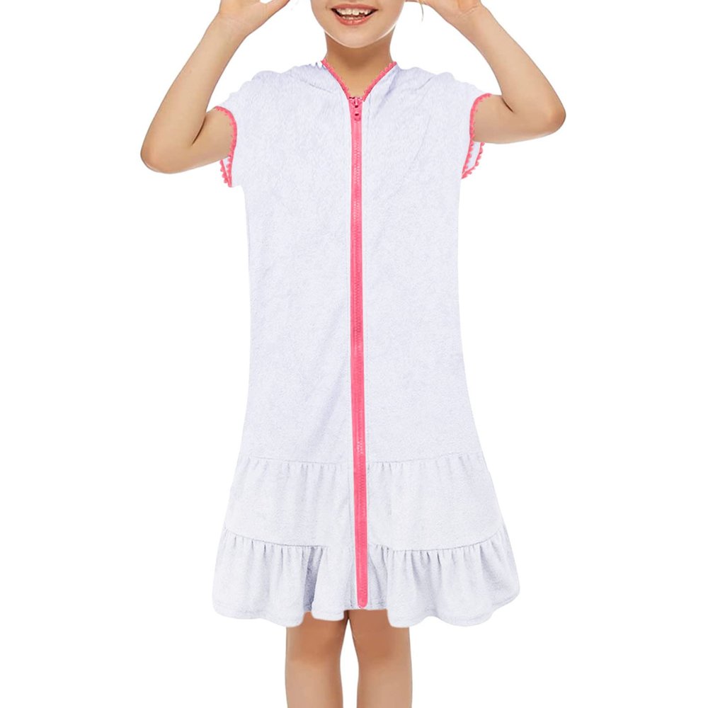 Little Girls Swim Cover Up Kids Swimsuit Coverup Zip Beach Bathing Suit Hooded Bathrobe Pocket Swing (White, 3-4 Years)