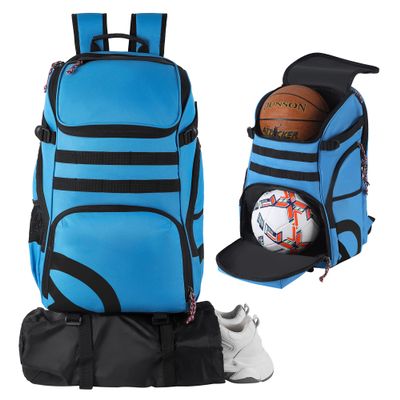 TRAILKICKER Basketball Bag Backpack with Ball Holder Multi-Sport Backpack for Soccer Volleyball Football Baseball Helmet (TK2-Blue, Large)