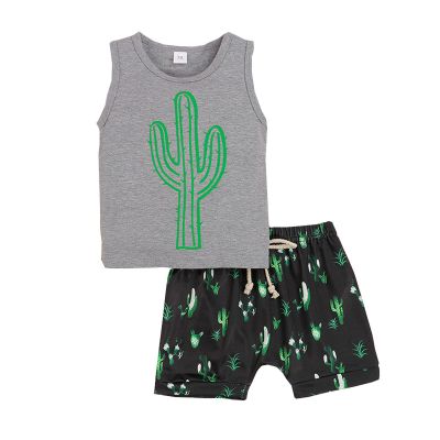 Baby Kids Boy's Outfits Cactus Print Sleeveless O Neck Casual Tank Tops+Cactus Shorts Toddler Baby (Grey, 6-12 Months)