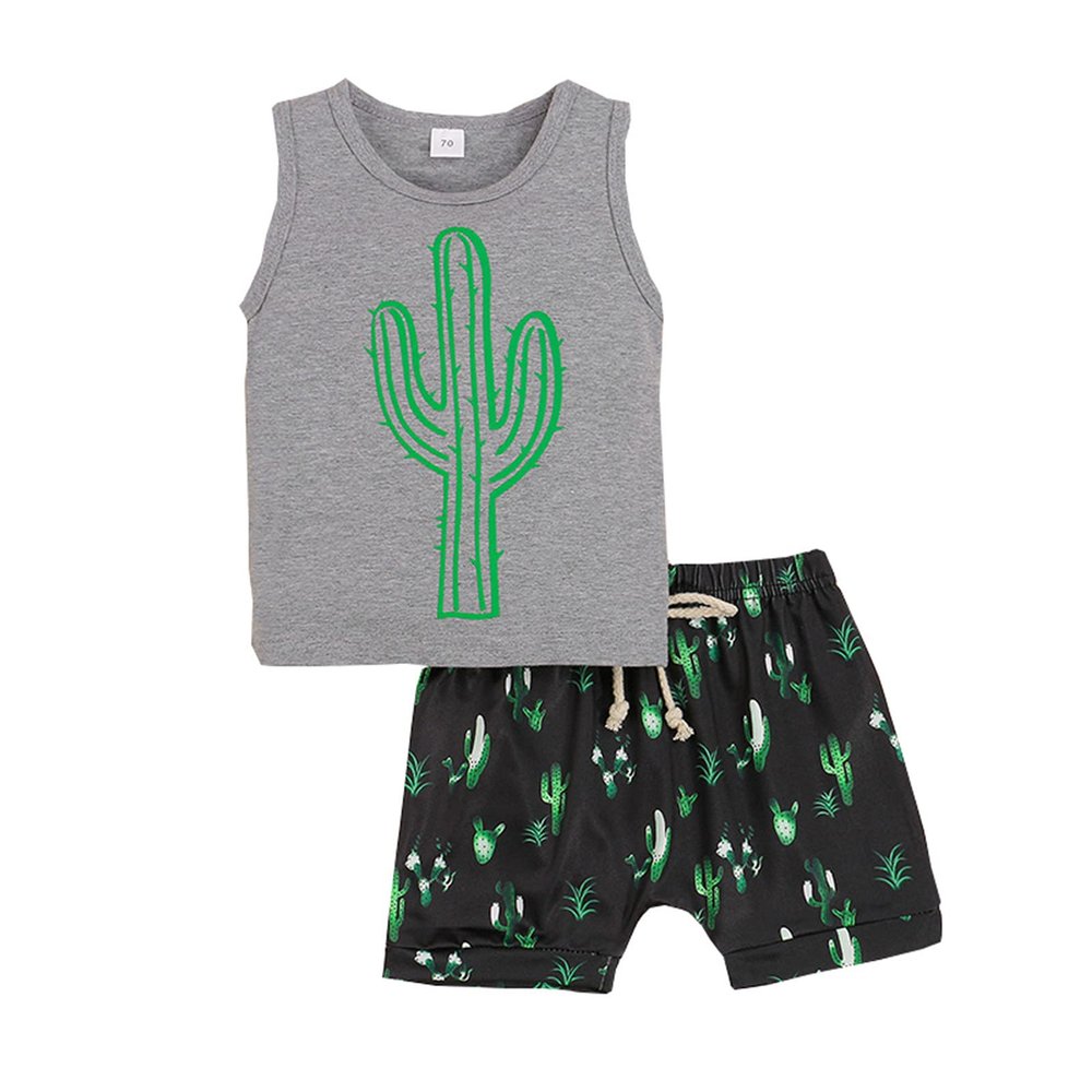 Baby Kids Boy's Outfits Cactus Print Sleeveless O Neck Casual Tank Tops+Cactus Shorts Toddler Baby (Grey, 6-12 Months)