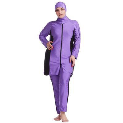 Plus Size Muslim Swimsuits for Women Modest Islamic Swimwear Burkini Full Cover Hijab Striped Long Sleeve Muslim Dress Top Pants Cap 3PCS Set Sun Protection Rash Guard Bathing Suit Purple - Zipper 2XL