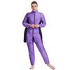 Plus Size Muslim Swimsuits for Women Modest Islamic Swimwear Burkini Full Cover Hijab Striped Long Sleeve Muslim Dress Top Pants Cap 3PCS Set Sun Protection Rash Guard Bathing Suit Purple - Zipper 2XL view 3